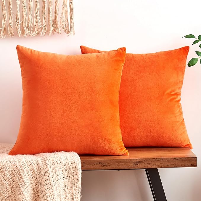 Fall Orange Throw Pillow Covers Decorative Velvet Set of 2 22x22 Inch Pillow Covers, Burnt Orange Large Pillowcases for Couch Sofa Bed Living Room, Farmhouse Boho Decor, Accent Cushion Covers