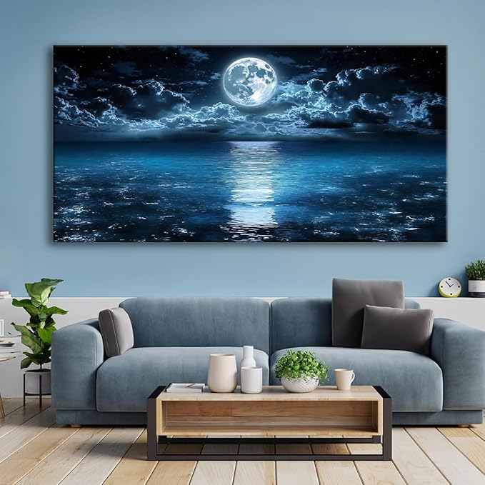 Big Moon Canvas Wall Art - Modern Seascape Paintings for Living Room, Bedroom Wall Decor, Framed Wall Art for Home or Office Decoration, Large Wall Art 48x24in