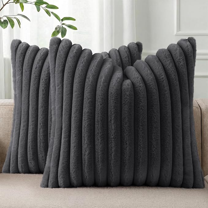 Pallene Faux Fur Plush Throw Pillow Covers 22x22 Set of 2, Luxury Soft Fluffy Striped Decorative Pillow Covers for Sofa, Couch, Living Room, Dark Grey