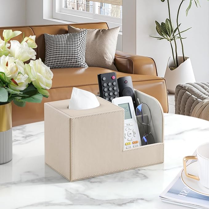 PU Leather Tissue Box Cover with Remote Control Holder, Square Tissue Box Holder for Living Room Bathroom Office (Dark Beige)
