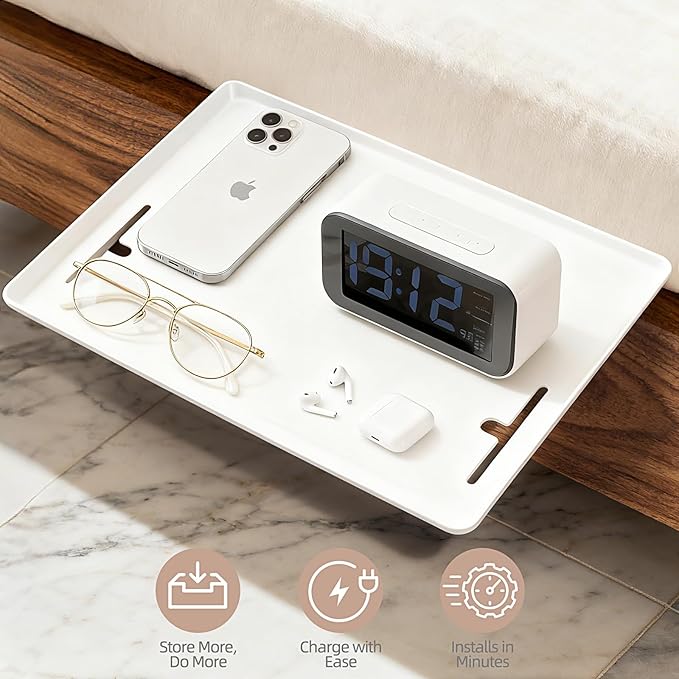 Bedside Shelf Dorm Bunk Bed, Bedside Caddy Shelf Dorm Bed, No Drill College Nightstand Organizer for Personal Items Books Glasses Apartment Bedroom Compact Space Solution Small+White