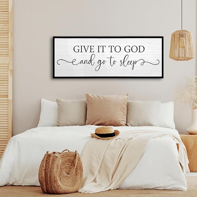 TQianJiang Christian Wall Decor Give It To God And Go To Sleep Sign Wall Decor 32"×12" Spiritual Quote Plaque for Master Bedroom Above Over Bed Rustic Religious Home Wood Framed Hanging Art (Black)