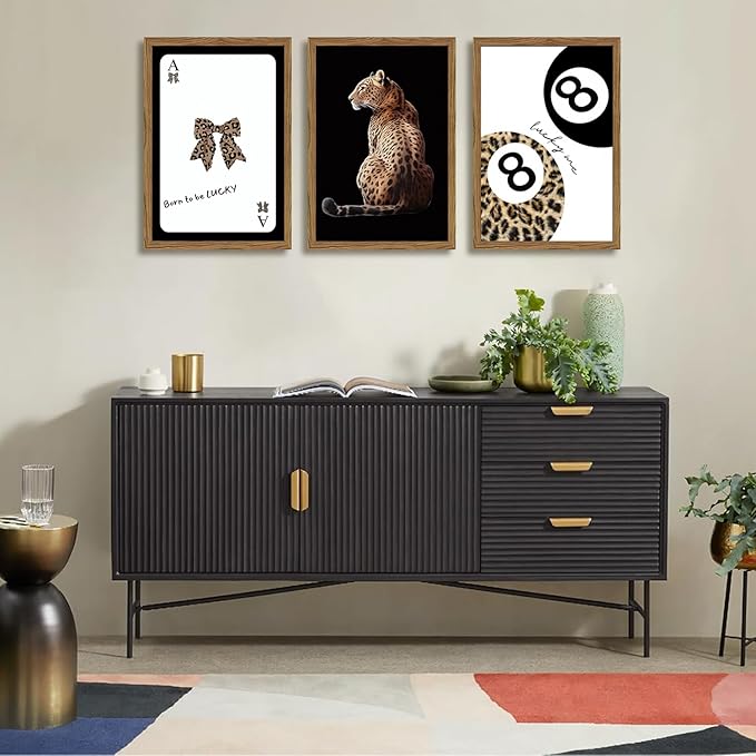 Trendy Cheetah Wall Art Set of 3 Black and White Leopard Bow Wall Decor Painting Lucky 8 Ball Poster Canavs Print Aesthetic for Bedroom Living Room 12x16 inch Wood Framed