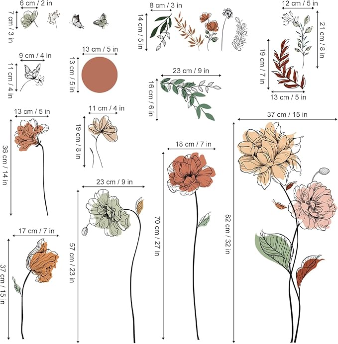 decalmile Boho Flower Wall Decals Floral Plants Grass Wall Stickers Living Room Bedroom Nursery Wall Decor Gifts for Mom