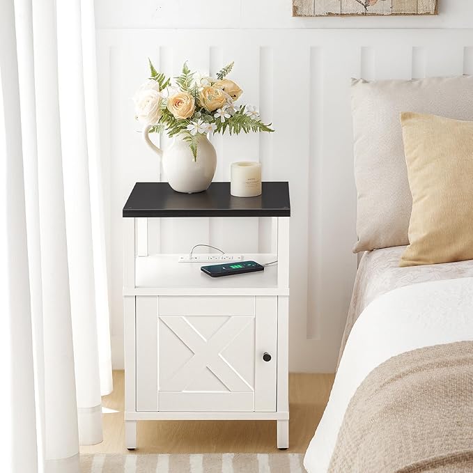 Set of 2 Farmhouse Nightstand with Charging Station, White Bedside Table with USB&Type-C Ports and Outlets, End Table with Storage, Night Stand for Bedroom, White and Black ETBW96E01S2
