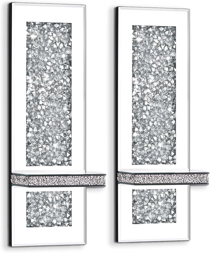 Crystal Crushed Diamond Mirrored Candle Sconces Set of 2 Silver Glass Wall Candle Holder Bling Wall Decorations for Home Decor Living Room Dining Room Bedroom