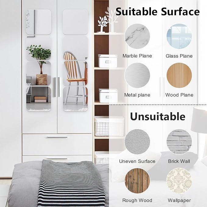 Wall Stickers - Unbreakable Self-Adhesive Mirror Tiles for Bedroom, Home, Gym, Door - Acrylic Shatterproof Sheets, Panels (8x8 Inch, 4 Pcs)