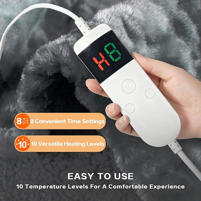 Electric Heated Blanket Throw 50''x60''Size Faux Fur Heating Blanket 10 Heating Settings, 1-8h Timer & Overheat Protection, Machine Washable, Soft Flannel and Sherpa Full Body Warmth