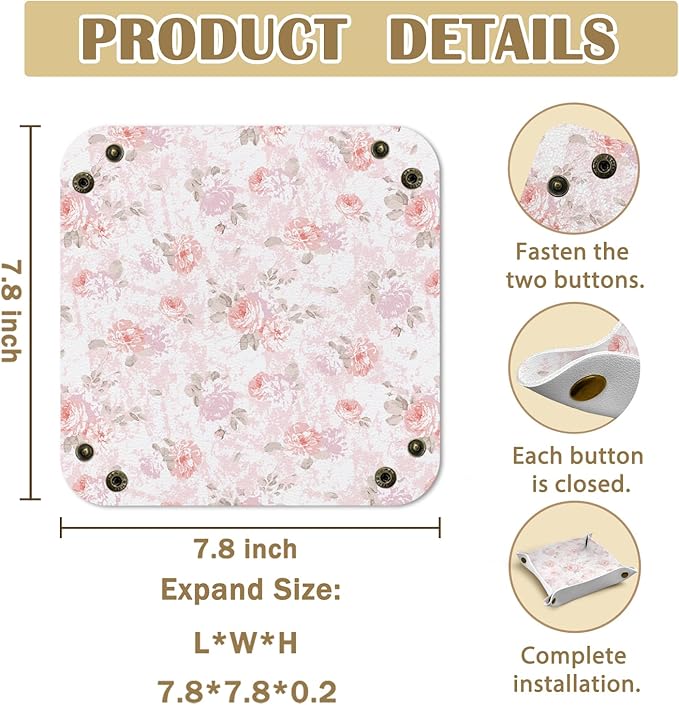 Pink Floral Jewelry Valet Tray for Women, Cottagecore Pink Rose Flower PU Leather Catchall Beside Caddy Nightstand Organizer Tray for Jewelry Rings Watches Keys and Accessories, 7.87x7.87in