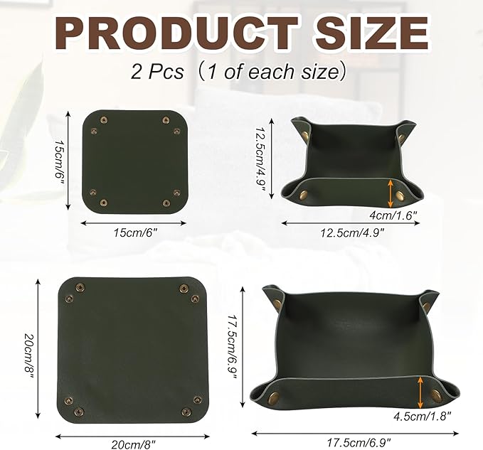 uxcell 2 Pcs Valet Tray for Women and Men, PU Leather Jewelry Tray Entryway Table Bedside Nightstand Catchall Storage Organizer for Jewelry Key Coin Watch Wallet(Square, Dark Green)