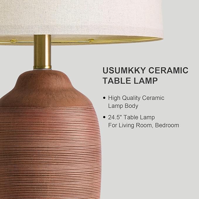 24.5" Reddish-Brown Handcrafted Ceramic Table Lamp with 5FT Cord,Single Farmhouse Vintage Rustic Lamp with Linen Drum Shade, Earth Tone Bedside Lamp for Bedroom Living Room Entryway,Bulb Not Included
