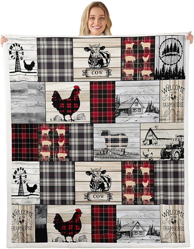 Erosebridal Rustic Farm Animal Fleece Bed Blanket 40"X50" Retro Buffalo Plaid Farmhouse Cabin Throw Blanket Country Sheep Chicken Cow Print Sherpa Blanket,Grid Windmill Flannel Blanket Red Black Grey