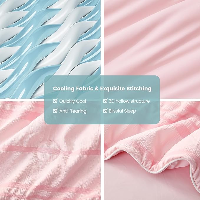 Cozy Bliss Seersucker Cooling Comforter Full Size, Q-Max 0.45 Reversible Lightweight Cooling Blanket, Breathable Silk Smooth Summer Bedding Quilt for Hot Sleepers Night Sweats Pink