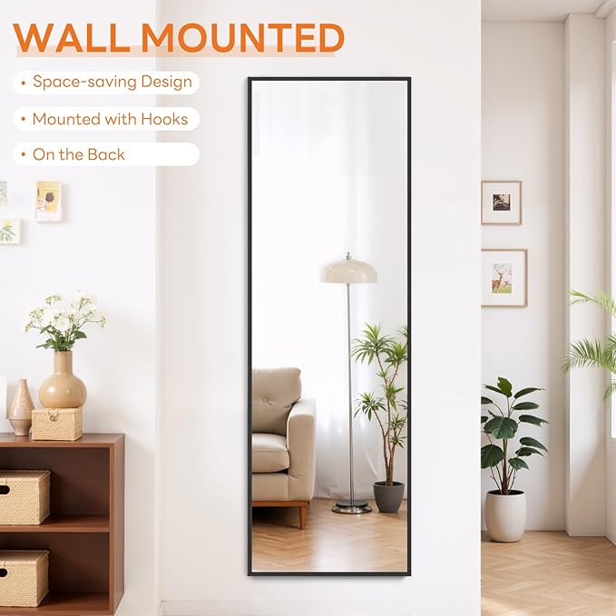 Full Length Mirror 59"x16" Full Body Mirror Rectangle Free Standing Wall Mounted Leaning Floor Mirrors with Stand Aluminum Alloy Frame for Bedroom Cloakroom, Matte Black