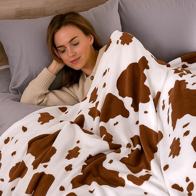 Cozy Bliss Cow Print Fuzzy Throw Blanket for Couch - Thick Soft Warm Non Shedding Fleece Blankets for Western Décor Room, for Kids, Women Men Girls, Brown 50"*60"
