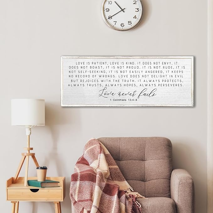 Love is Patient Love is Kind Wall Decor 40"X15" Large Bible Verse Quote 1 Corinthians 13 For Bedroom Above Bed Christianity bible Verse Couple Sign Hanging Wood Framed Wall Art (White）