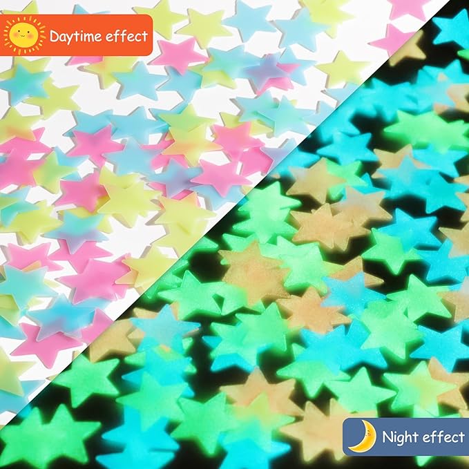 AM AMAONM 100pcs Glow in The Dark Luminous Stars Fluorescent Noctilucent Plastic Stars Wall Stickers Glowing Stars Decals for Home Art Decor Nursery Ceiling Kids Babys Bedroom Room Multicolor