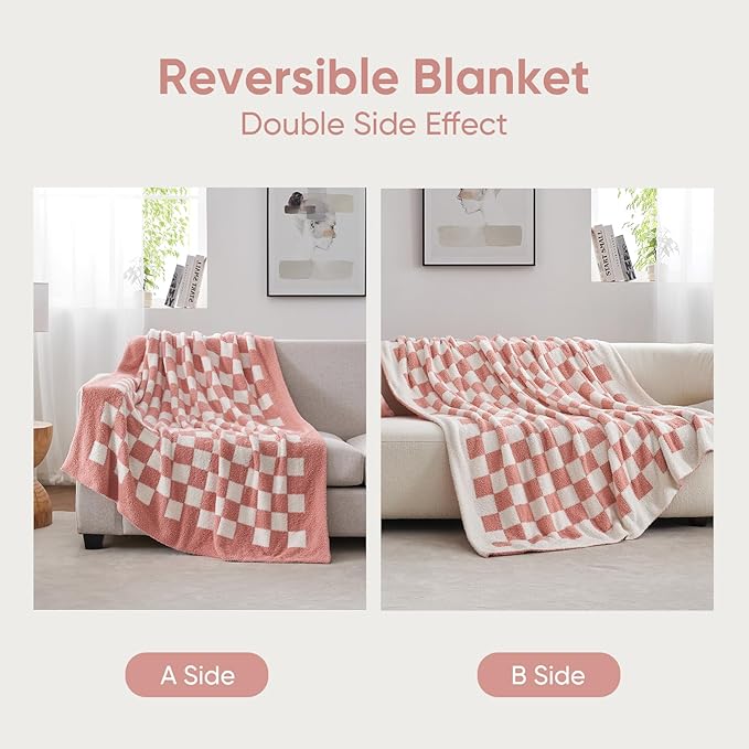 Snuggle Sac Checkered Throw Blanket for Couch, Super Soft, Cozy Warm Knit Blankets, Reversible Plaid Fluffy Throws for Sofa Bed Checkered Pink, 50x60 Inches