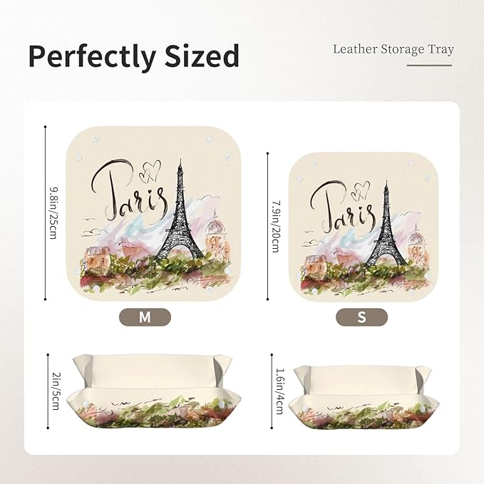 The Famous Paris Eiffel Tower Leather Vanity Tray Desktop Storage Organizer, Decorative Catchall Perfume Tray, Bathroom Valet Tray,Nightstand Caddy Holder for Keys Phone Wallet Coin Jewelry, S