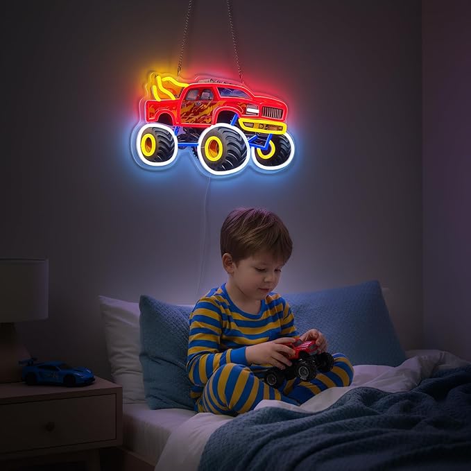 Monster Truck Neon Sign for Wall Decor, LED Dimmable Light for Boys Kids Room, Holiday Birthday Christmas Gift Decoration, 16.5 x 10 in
