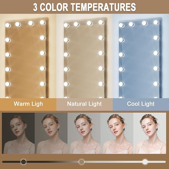 Kosmonia 64x22 Hollywood Full Length Mirror with Light, 22 Dimmable Bulbs & 3 Color Smart Touch Control, Distortion Free, Tempered Glass & Shatter Proof Film, Safe Full Body Mirrors with Stand