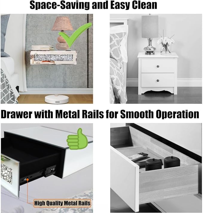 Mirrored Floating Bedside Nightstand with Drawer, Wall Mounted Silver Glass Crystal Diamond Bling Decoration Organizer for Bedroom, Living Room, Small Space, 14.5"×11.5"×4.5"