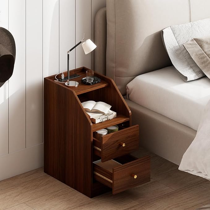 KOMFOTT Set of 2 Side Tables with Charging Station, End Tables with Storage Drawers, Sofa Couch Tables for Small Space, Modern Narrow Nightstands for Bedroom (Walnut,2)