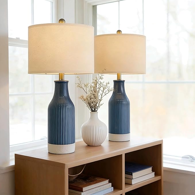 23.75inch Blue Modern Ceramic Bedside Lamp Set of 2 with 5FT Cord for Bedroom Decor Farmhouse Table Lamp for Living Room Office Dorm