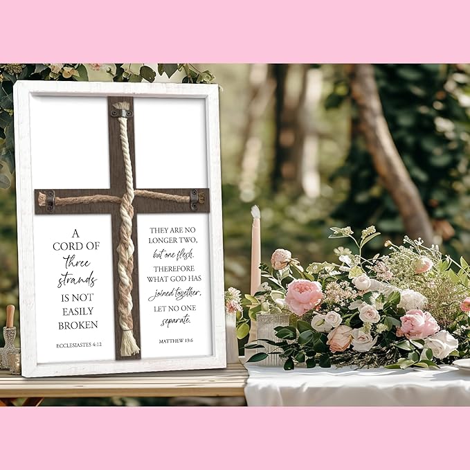 YWJKWLGS A Cord of Three Strands Wedding Ceremony Sign 15x10 Inch Anniversary Unity Knot Cross Christian Marriage Prayer Art Ideas Braid Rope Wall Decor for Couple Religious Wood Framed (White)