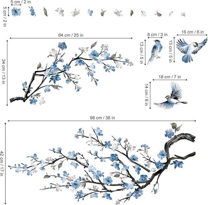 decalmile Watercolor Blue Flower Branch Wall Decals Blossom Tree Branch Floral Wall Stickers Bedroom Living Room Sofa TV Background Wall Décor
