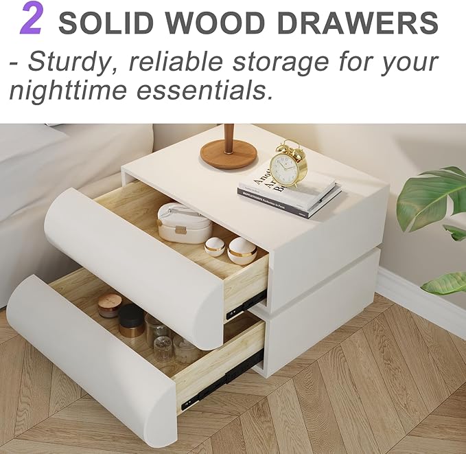 Modern Nightstand with Storage, Small Night Stand with Upholstered Leather Finish, 2 Solid Wood Drawers for Bedroom Bedside Couch