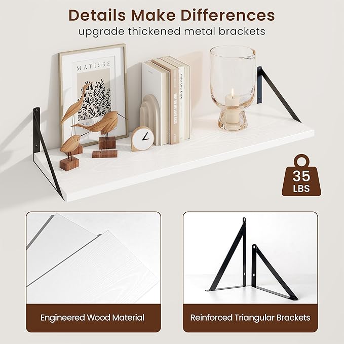Axeman 30 Inch Floating Shelves | 10 Inch Deep White Wall Shelves Set of 2 | 30" W x 10" D White Wood Floating Shelves for Living Room Bathroom Kitchen