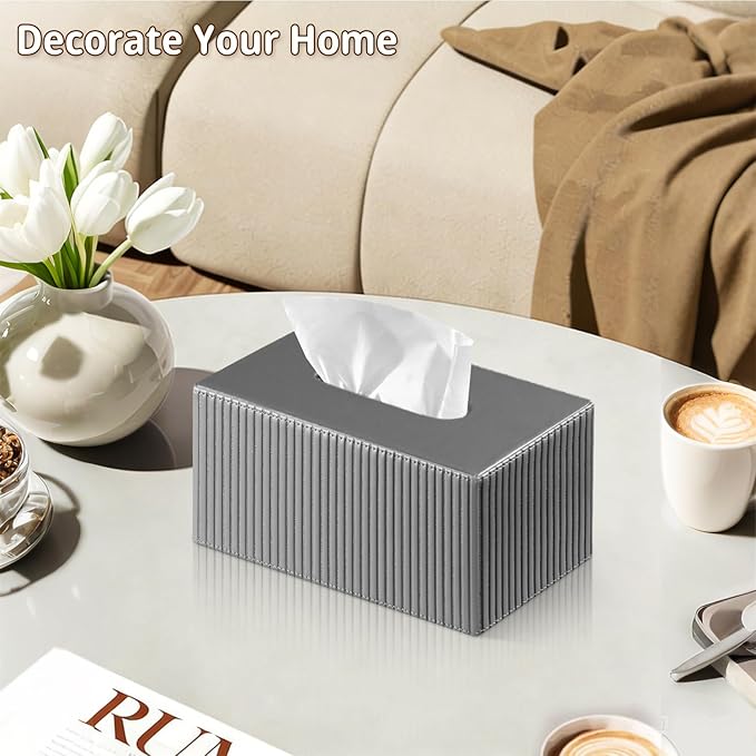 PUSU Plus Rectangular PU Leather Tissue Box Cover with Buckle Bottom - Modern Facial Tissue Dispenser Holder for Bathroom Vanity, Bedside Table, Bedroom, Office & Home Decor