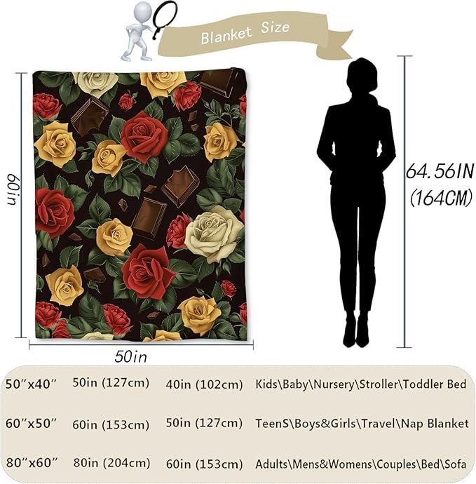 Rose & Chocolate Blanket | Soft Warm Fuzzy Lightweight Flannel Throw Blanket Perfect for Couch, Bed, Travel & Outdoor Use, Cozy Blankets for Adults Women Girls 60×50 in