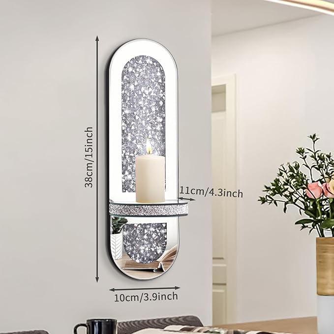Crystal Crushed Diamond Mirrored Candle Sconces Set of 2 Silver Glass Wall Candle Holder Bling Wall Decorations for Home Decor Living Room Dining Room Bedroom