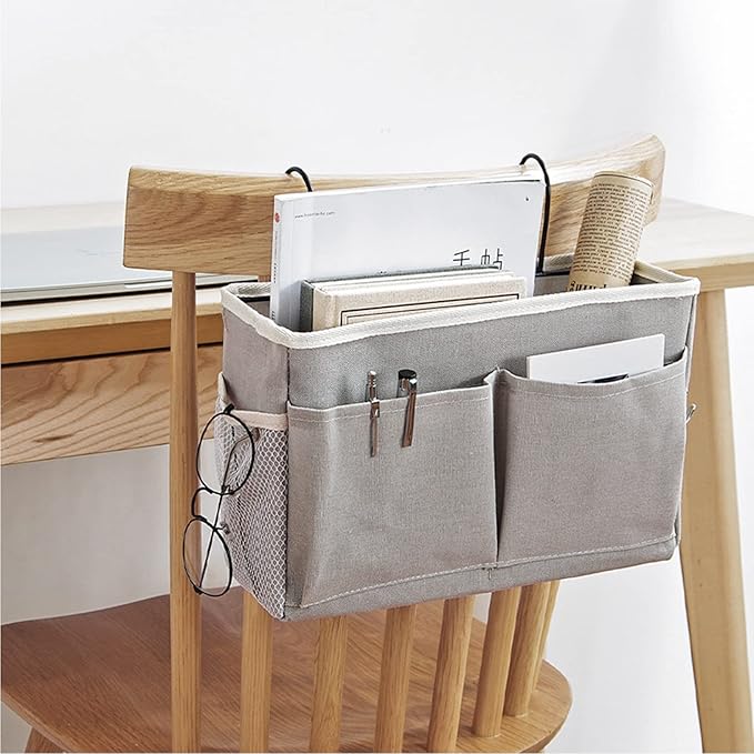 flexman Nightstand Hanging Bag, Hook Design Bedside Storage Pocket Organizer Basket with Metal Bracket and Wear Resistant Fabric for Kitchen Wardrobe Doors, Hanging Rods(White)