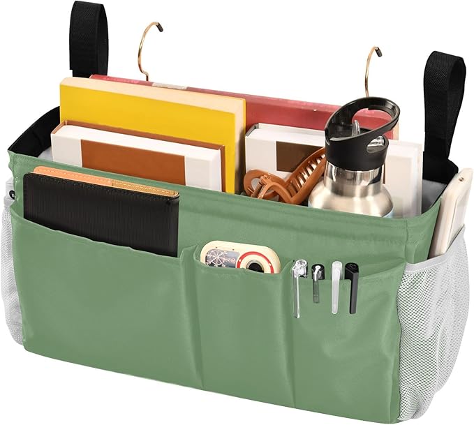 DOMIKING Sage Green Bedside Caddy for Dorm Bed Recliner Armrest Organizer with Hooks Haning Storage Pocket for Couch Recliner Remote Control