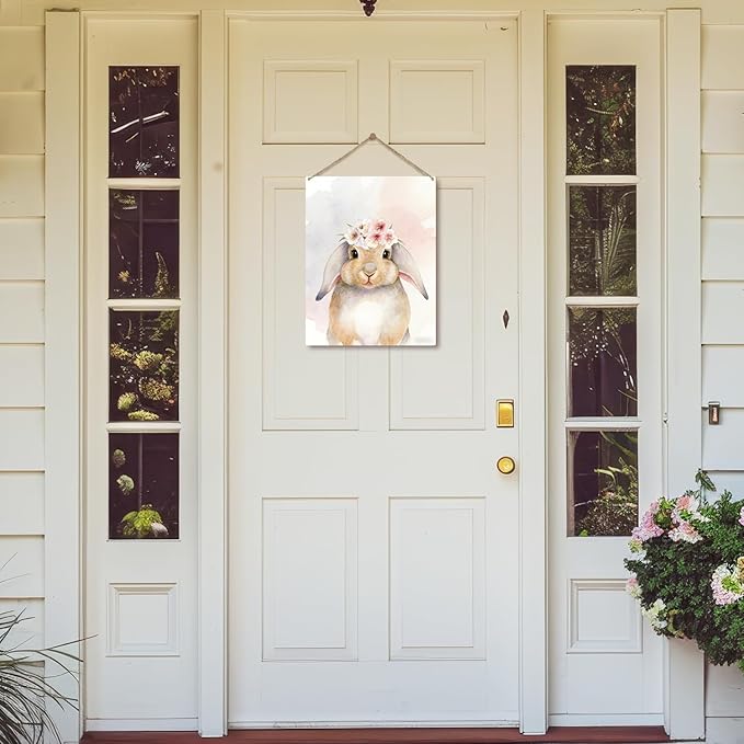 Easter Bunny Sign, Spring Floral Bunny Wooden Hanging Wall Decor, Easter Gifts for Friends Family, Cute Wood Sign for Door Wall Decorations, House Wood Hanging for Garden Yard -04