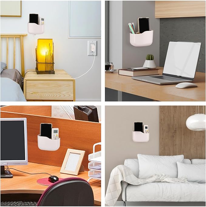 Tecbeauty 2 Pack Adhesive Remote Control Holder Wall Mount Universal TV Remote Organizer Caddy Storage Box Tray Hollow Bottom Slot Easy Phone Charging Home Office Desk Nightstand
