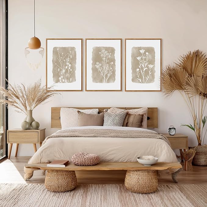 CHDITB Vintage Floral Framed Canvas Wall Art Set Of 3, Minimalist Wall Decor, Nature Inspired Wildflower Wall Painting, Neutral Botanical Flower Art Prints For Dining Room Bedroom Decor(12X16 Inch)