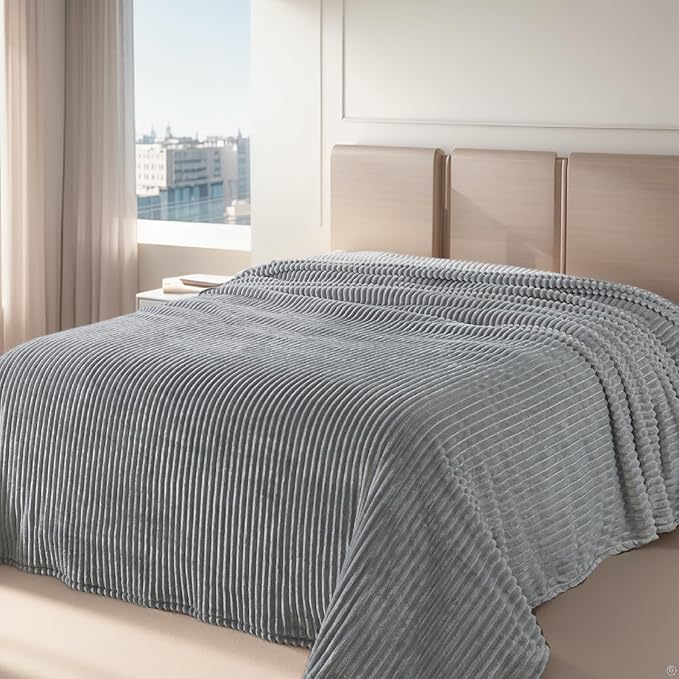Richave Cuddly Queen Size Blanket, Premium Lightweight Anti-Static Fluffy Fleece Blanket with Striped Pattern, 90x90 Inches, Ash Grey