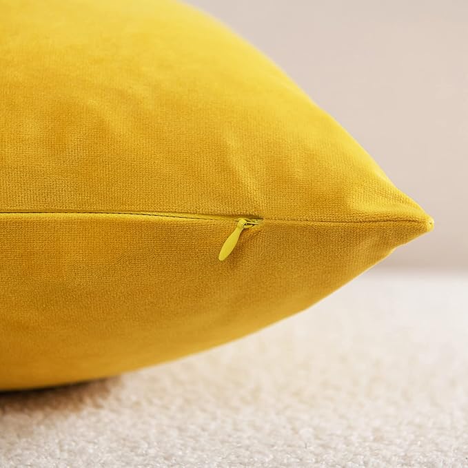 DEZENE Euro Sham Covers 24x24 Yellow: Pack of 2 Cozy Soft Velvet Square Modern Luxury Decorative Throw Pillow Cases for Sofa Couch Living Room Bed Home Decor