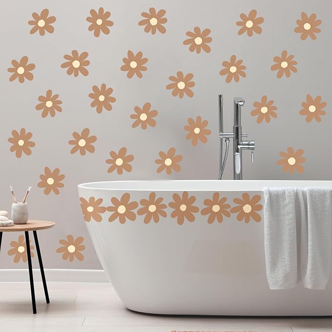 BBTO Daisy Wall Decal Flower Vinyl Wall Decals Daisy Stickers Floral Decals Peel and Stick for Nursery Art Bedroom Living Room(Simple Style,Brown)