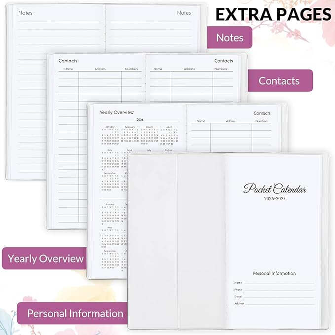 Pocket Calendar 2026-2027, Floral 2026-2027 Monthly Planner - 3.7" x 6.7" - Runs from January 2026 Until December 2027, 2026 Pocket Calendar with PVC Cover for Organizing & Planning