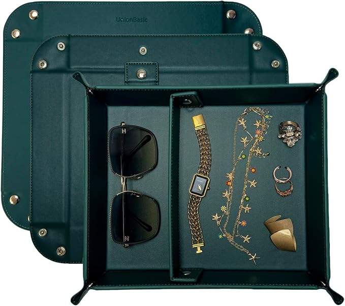 UnionBasic Medium Valet Tray, Jewelry Tray for Rings Watches Earrings, Entryway Catchall Caddy for Coins Keys Change, Nightstand Bedside Valet Holder, Trays for Electronic Gadgets, Vintage Green Plus