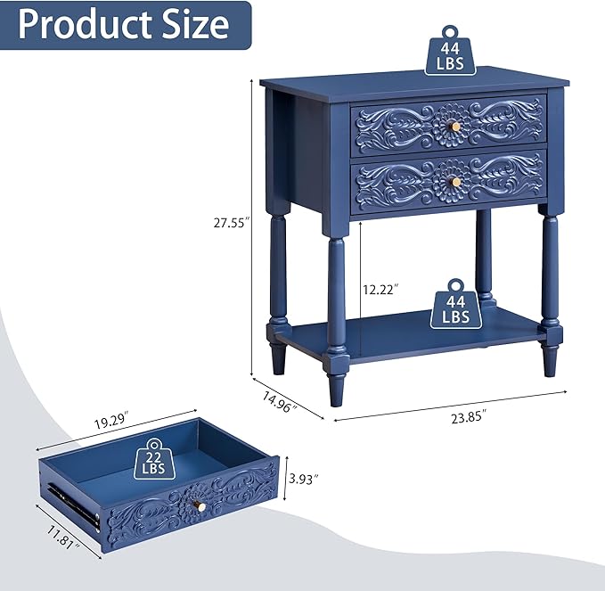 Nightstand, Farmhouse Bedside Table with 2 Drawers and Open Shelf, Wood Sofa Side Table End Table Accent Dresser for Bedroom, Living Room (with Shelf, Blue)