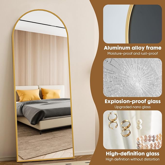 NEWBULIG Arched Full Length Mirror 24"x 65" for Bedroom, Full Body Mirror with Stand, Hanging or Leaning for Wall, Aluminum Alloy Thin Frame Floor Standing for Living Room, Long, Gold