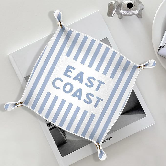 Coastal Cowgirl East Coast Leather Jewelry Valet Tray,Beach Lovers Gifts PU Leather Catchall Beside Caddy Nightstand Organizer Tray for Jewelry Rings Watches Keys and Accessories,7.8x7.8inch