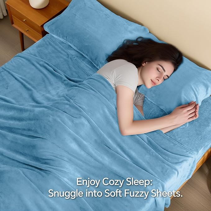 BEDELITE Flannel Sheets King Size Forever Blue - Super Soft Fleece Sheets Set Fluffy Extra Plush, 4 Piece(Include Fitted Sheet, Flat Sheet, 2 Pillowcases)