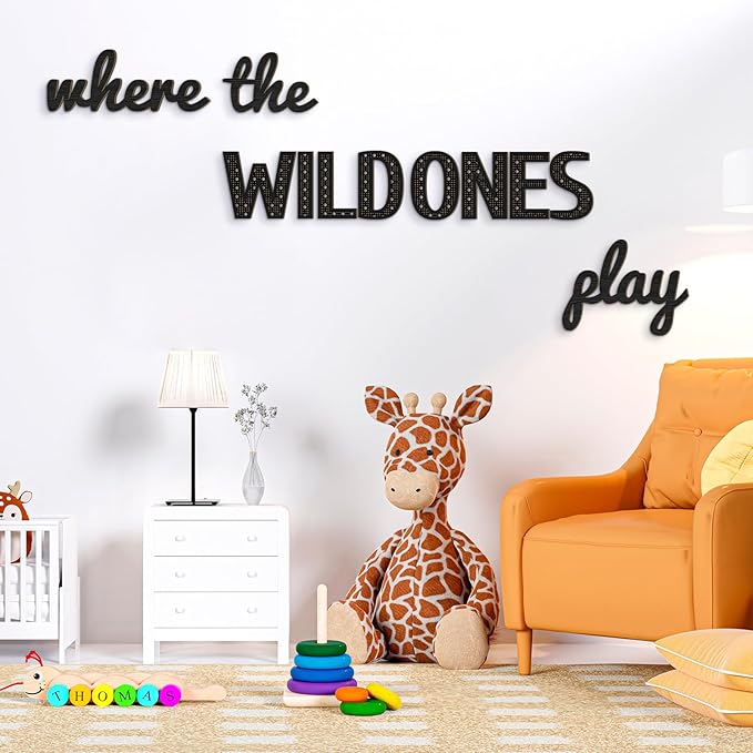 Where the Wild Ones Play Nursery Sign Wooden Playroom Wall Decor Playroom Decoration Word Play Room Sign for Wall Plaques(23 Inch,Black)